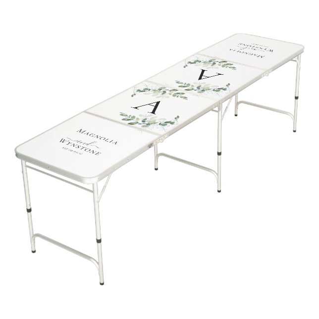 Eucalyptus Greenery Monogram Wedding  Beer Pong Table (Angled)