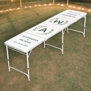 Eucalyptus Greenery Monogram Wedding Beer Pong Table