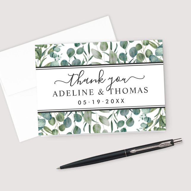 Eucalyptus Greenery Monogram Wedding Thank You Card (Creator Uploaded)