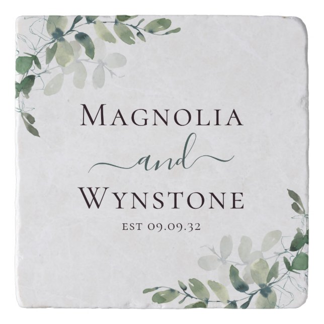 Eucalyptus Greenery Monogram Wedding  Trivet (Front)