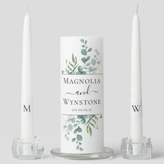 Eucalyptus Greenery Monogram Wedding Unity Candle  (Front)