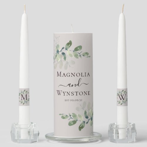 Eucalyptus Greenery Monogram Wedding Unity Candle 