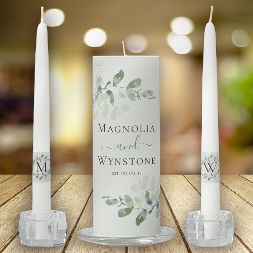 Eucalyptus Greenery Monogram Wedding Unity Candle Set