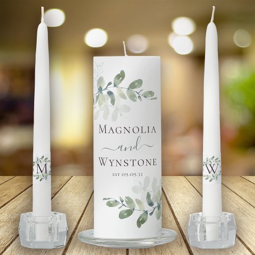 Eucalyptus Greenery Monogram Wedding Unity Candle Set