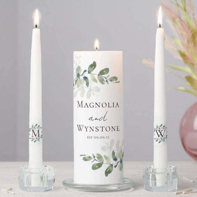 Eucalyptus Greenery Monogram Wedding  Unity Candle Set (In Situ)