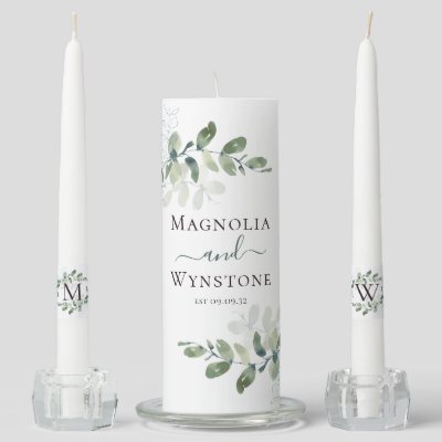 Eucalyptus Greenery Monogram Wedding Unity Candle Set