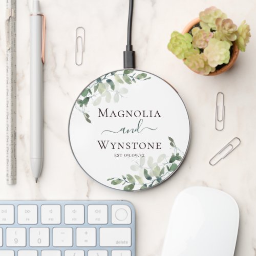 Eucalyptus Greenery Monogram  Wireless Charger