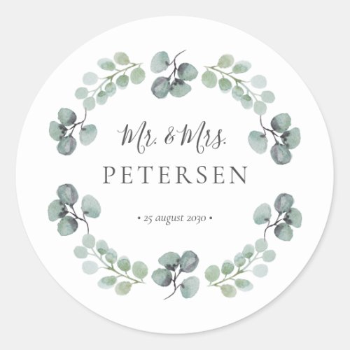 Eucalyptus greenery mr and mrs name wedding  classic round sticker