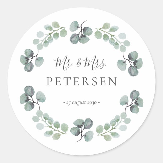 Eucalyptus greenery mr and mrs name wedding  classic round sticker (Front)