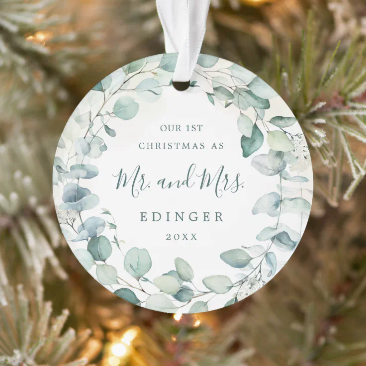 Eucalyptus Greenery Mr. and Mrs. Newlywed Photo Ornament | Zazzle