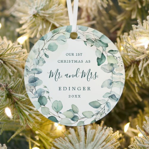 Eucalyptus Greenery Mr and Mrs Photo Newlywed Metal Ornament