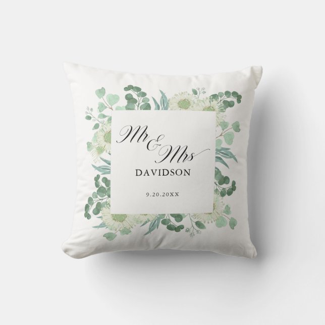 Eucalyptus Greenery Mr and Mrs Script Newlyweds Throw Pillow (Front)