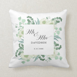 Eucalyptus Greenery Mr and Mrs Script Newlyweds Throw Pillow