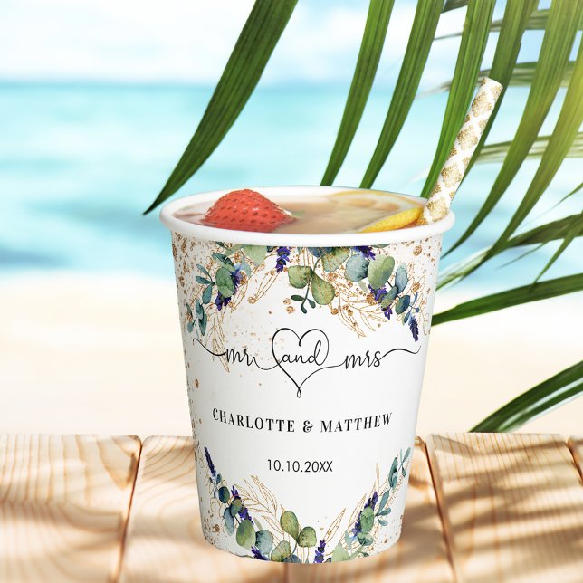 Eucalyptus greenery mr mrs heart wedding paper cups (Creator Uploaded)
