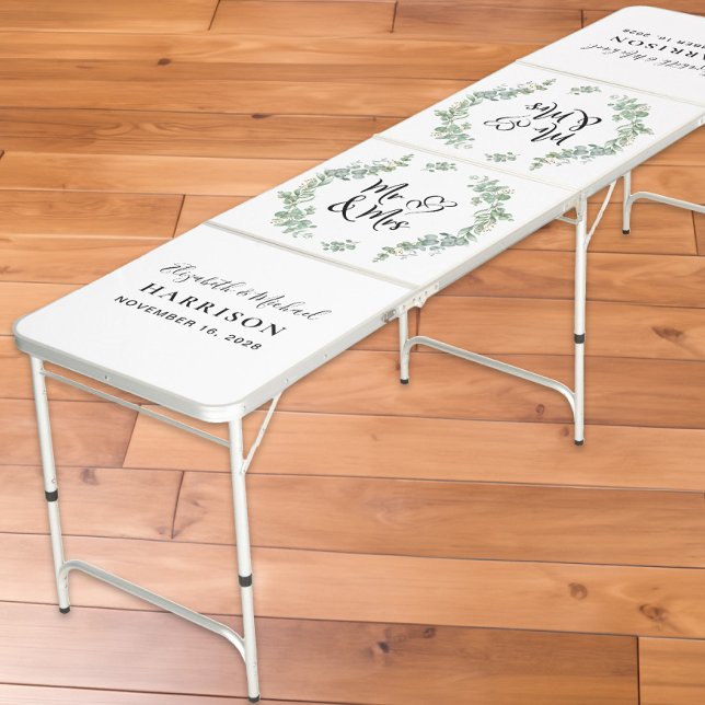 Eucalyptus Greenery Mr Mrs Wedding Beer Pong Table (Creator Uploaded)