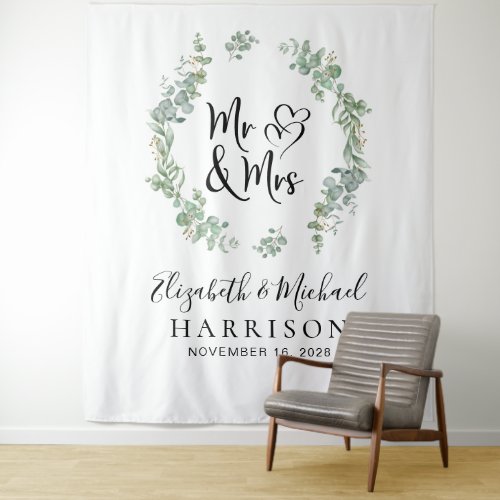 Eucalyptus Greenery Mr Mrs Wedding Photo Booth Tapestry