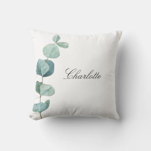 Eucalyptus greenery name script white outdoor pillow