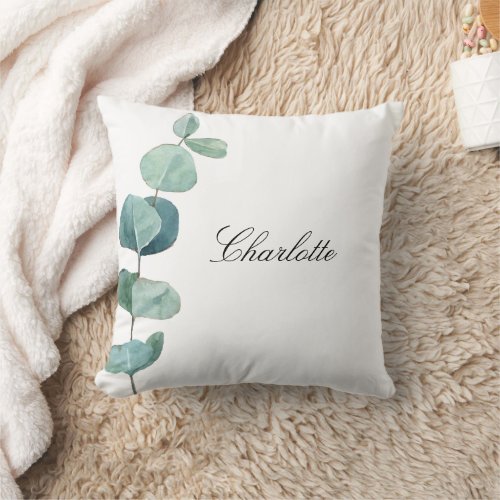 Eucalyptus greenery name script white  throw pillow