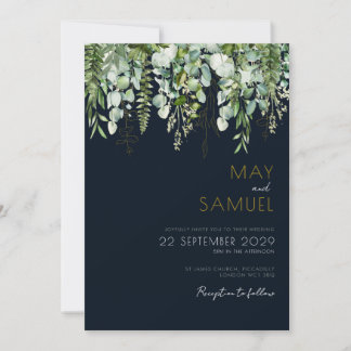 Eucalyptus Greenery & Navy Wedding Invitation