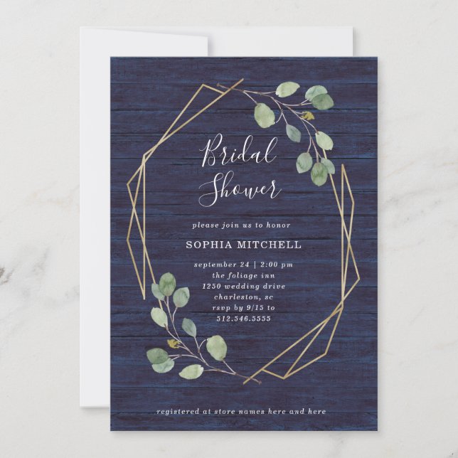 Eucalyptus Greenery | Navy Wood Geo Bridal Shower Invitation (Front)