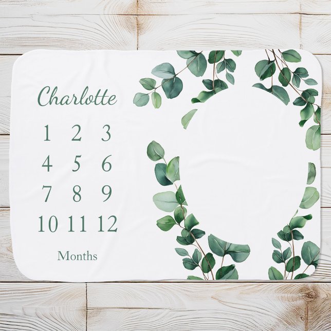 Eucalyptus Greenery Personalized Monthly Milestone Baby Blanket (Creator Uploaded)