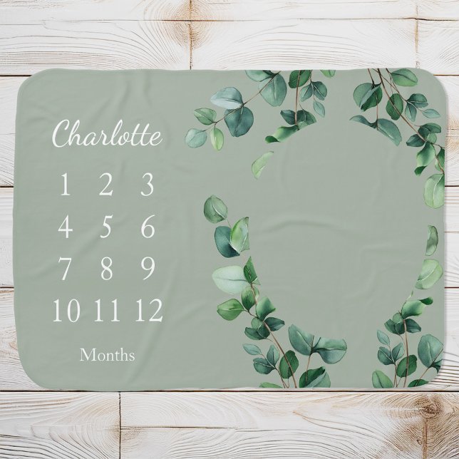 Eucalyptus Greenery Personalized Monthly Milestone Baby Blanket (Creator Uploaded)
