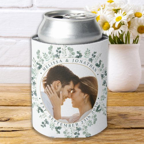 Eucalyptus Greenery Personalized Photo Wedding Can Cooler