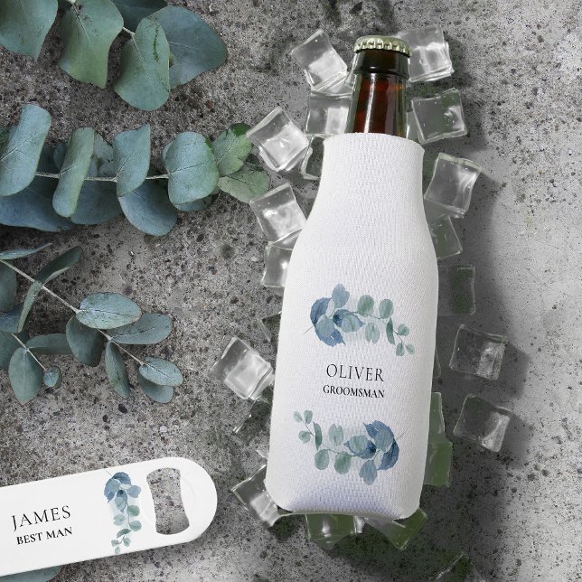 Eucalyptus Greenery Personalized Wedding Party  Bottle Cooler (Personalized bottle cooler for groomsman or any member of your wedding party)