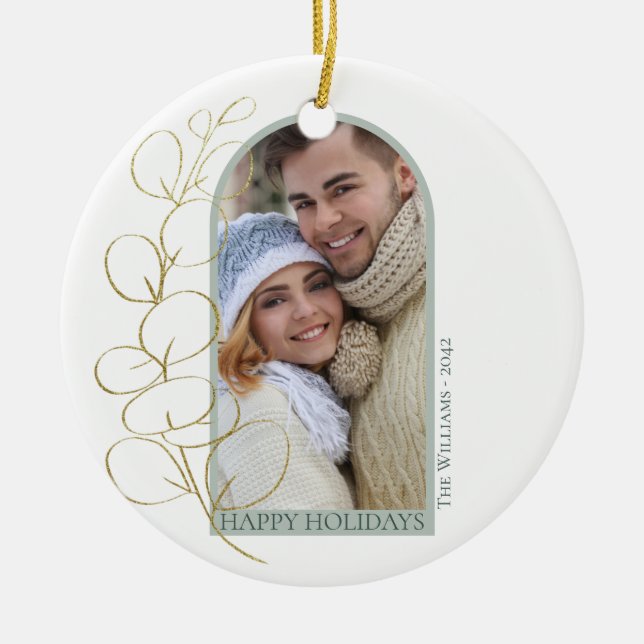 Eucalyptus Greenery Photo Arch Christmas Holiday Ceramic Ornament (Front)