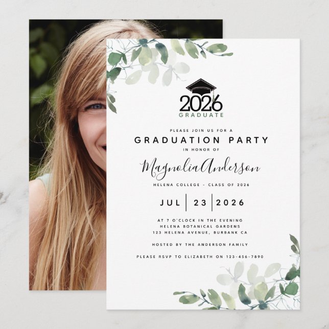 Eucalyptus Greenery Photo Graduation Party Invitation (Front/Back)