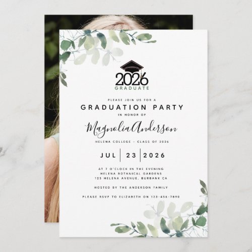 Eucalyptus Greenery Photo Graduation Party Invitation