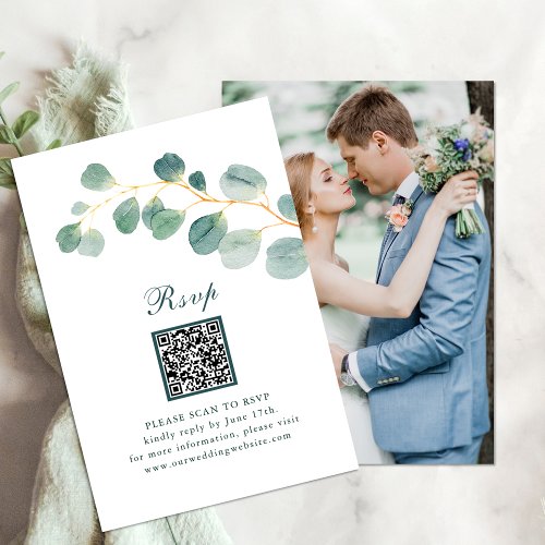 Eucalyptus Greenery Photo Wedding QR Code RSVP Enclosure Card