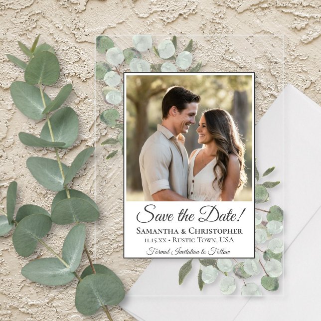 Eucalyptus & Greenery Photo Wedding Save the Date (Clear Acrylic with Rectangle Cut)