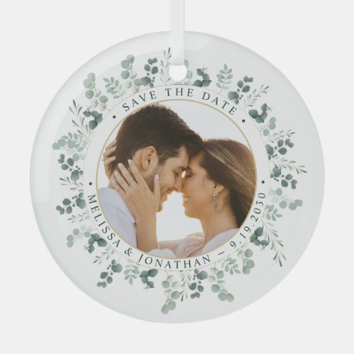 Eucalyptus Greenery Photo Wedding Save The Date Glass Ornament