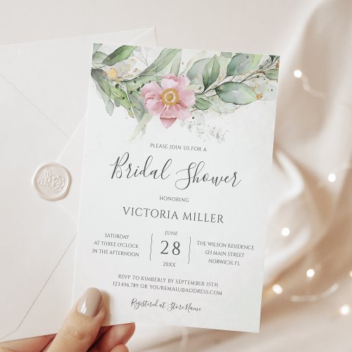 Eucalyptus Greenery Pink Floral Bridal Shower Invitation