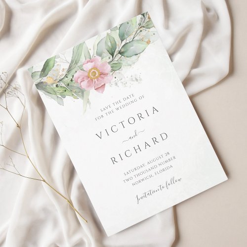 Eucalyptus Greenery Pink Floral Elegant Wedding Save The Date