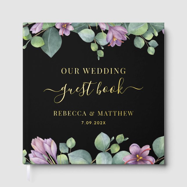 Eucalyptus Greenery Purple Wedding Gold Foil Foil Guest Book (Front)