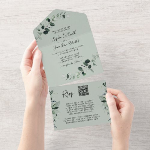 Eucalyptus Greenery QR Code RSVP Sage Wedding All In One Invitation