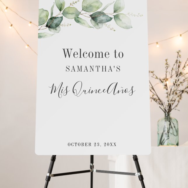 Eucalyptus Greenery Quinceanera 15th Birthday Foam Board (In Situ (Stand))