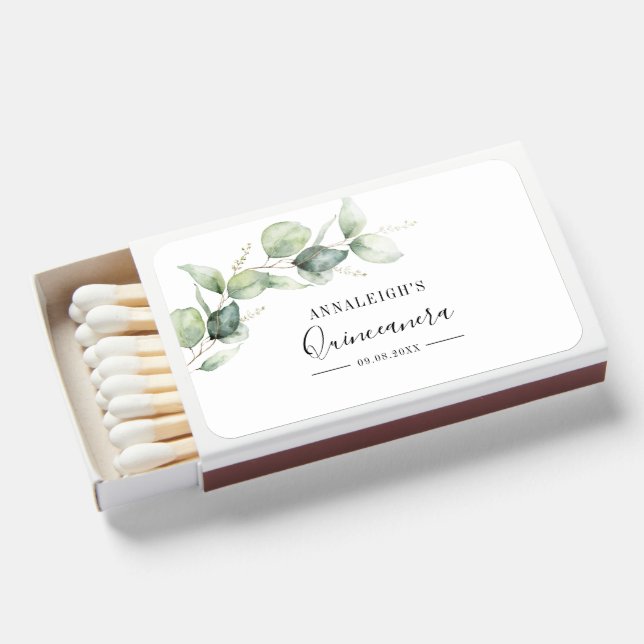 Eucalyptus Greenery Quinceanera 15th Birthday Matchboxes (Front Open)