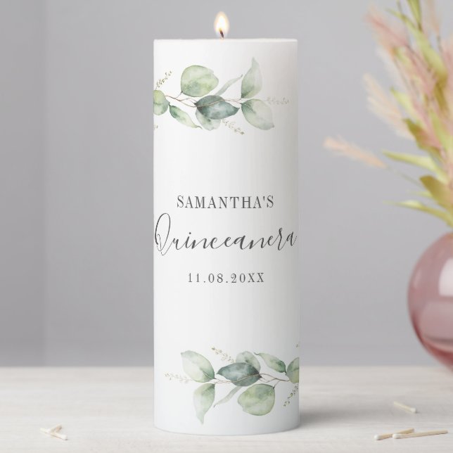 Eucalyptus Greenery Quinceanera 15th Birthday Pillar Candle (In Situ)