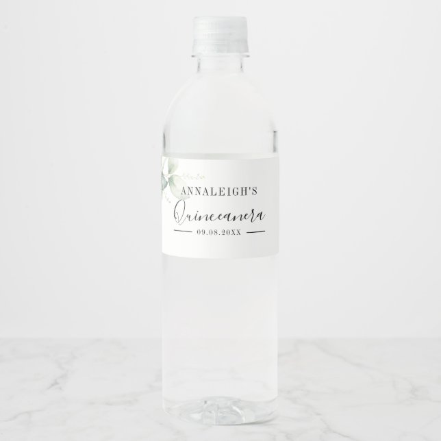 Eucalyptus Greenery Quinceanera 15th Birthday Water Bottle Label (Front)