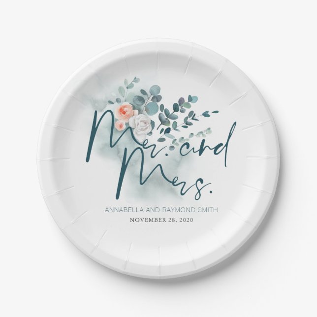 Eucalyptus Greenery Romantic Wedding Paper Plates (Front)