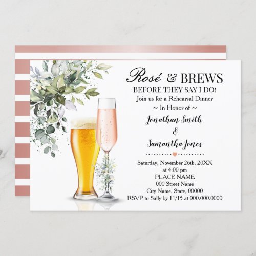 Eucalyptus Greenery Rose  Brews Rehearsal Dinner Invitation