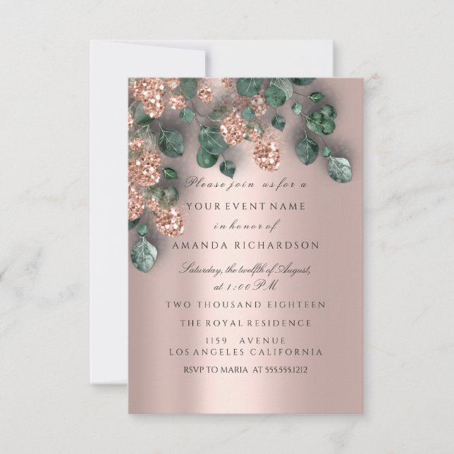 Eucalyptus Greenery Rose Glitter Rustic Foils Invitation (Front)