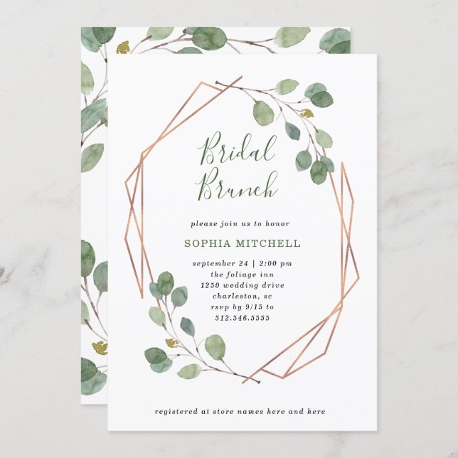 Eucalyptus Greenery | Rose Gold Geo Bridal Brunch Invitation (Front/Back)