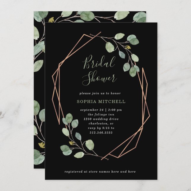 Eucalyptus Greenery | Rose Gold Geo Bridal Shower Invitation (Front/Back)
