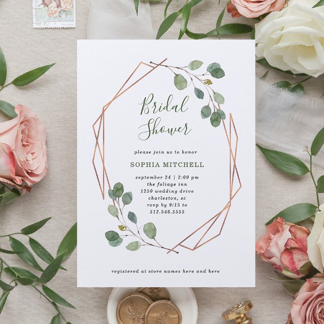 Eucalyptus Greenery | Rose Gold Geo Bridal Shower Invitation (Creator Uploaded)