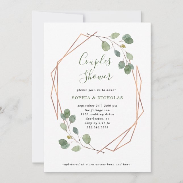 Eucalyptus Greenery | Rose Gold Geo Couples Shower Invitation (Front)