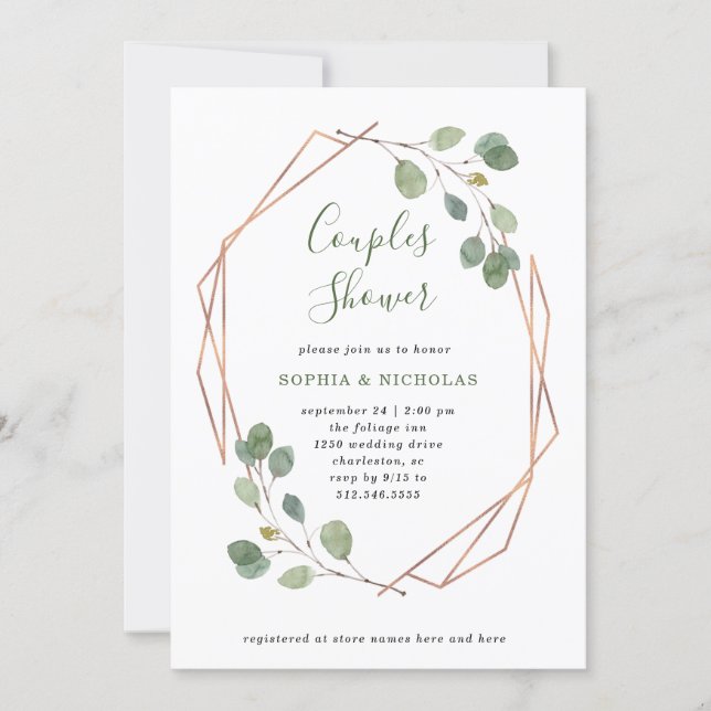 Eucalyptus Greenery | Rose Gold Geo Couples Shower Invitation (Front)